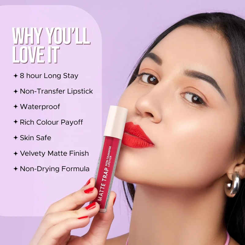 Hilary Rhoda Matte Trap Liquid Lipstick | Non-Transfer & Waterproof Lipstick | 8-Hour Long Stay | Non-Drying Formula | 5ml (Ruby Red - Shade 26) thumbnail 4